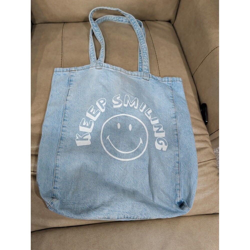 American Eagle AE x Smiley Denim Tote Bag Light Wash Keep Smiling Graphic Jean